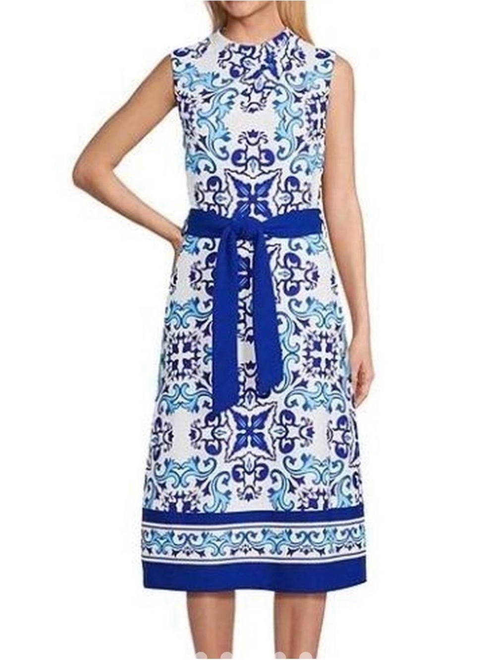 Investments Deep Blue & White Sleeveless Printed Midi Dress with Waist Tie